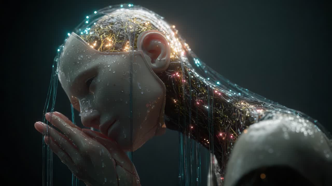 Una rappresentazione visivamente suggestiva di un'entità IA futuristica che riflette emozioni umane attraverso caratteristiche tecnologiche luminose ed elementi eterei in un'atmosfera scura.