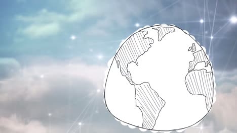 animation of globe and network of connections over sky with clouds