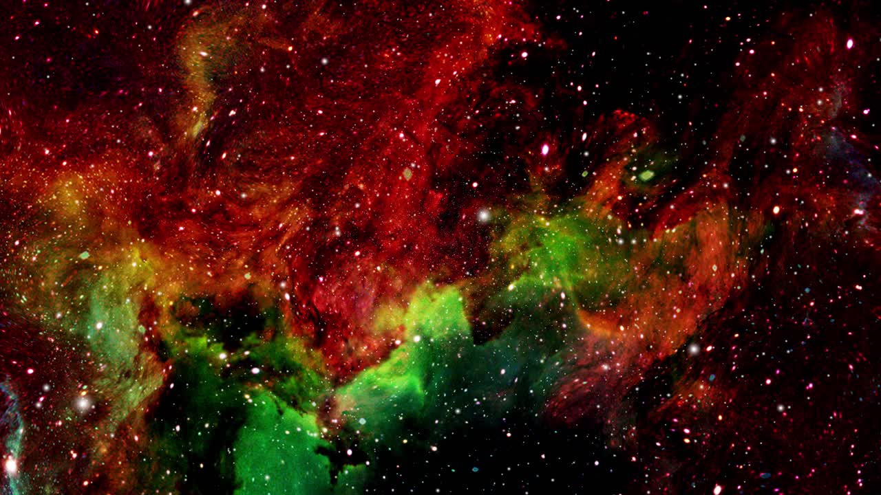 una nube de nebulosa roja y verde en un universo oscuro con estrellas a su alrededor