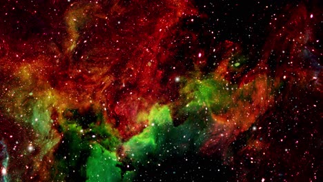 a red and green nebula cloud in a dark universe with stars around it