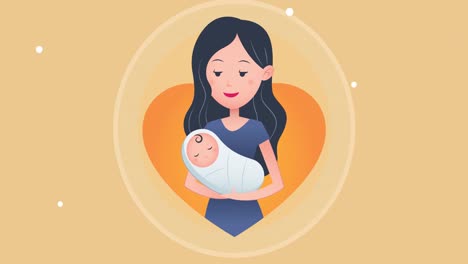 Animation-of-mother-and-newborn-over-heart-and-circle-on-yellow-background-with-white-dots