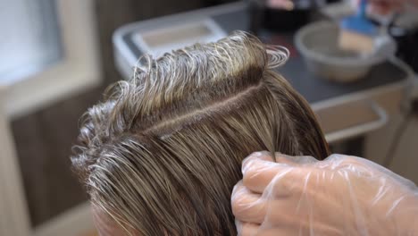 hair toning after hair coloring or highlighting in blonde in a barber shop.