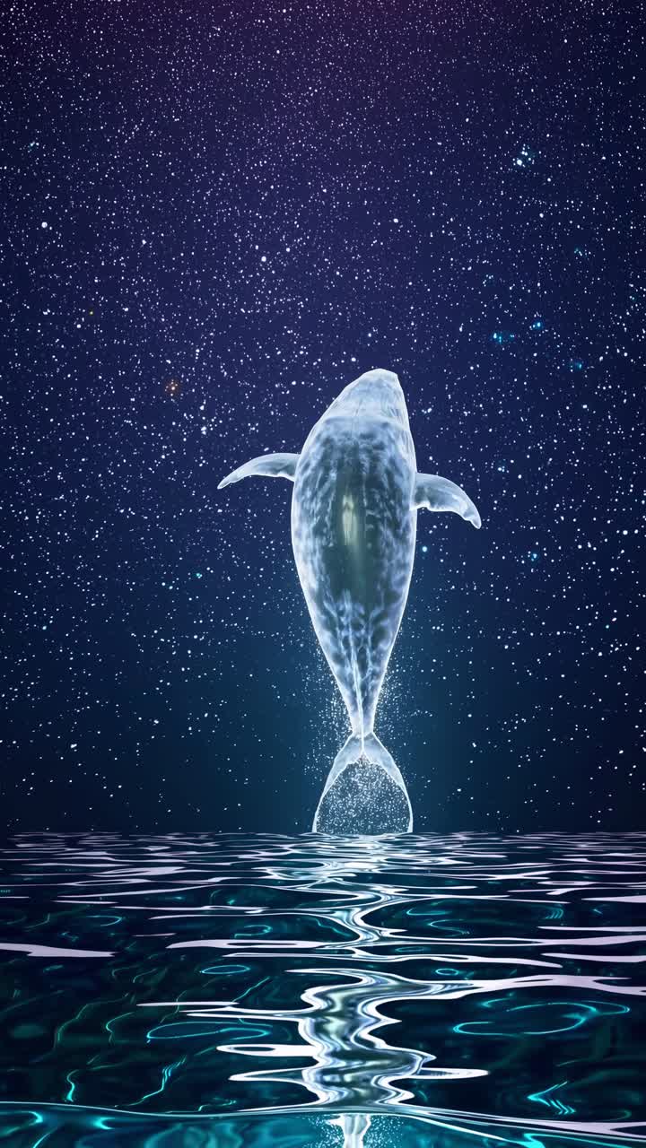A surreal video concept of a whale emerging from water, set against a starry sky