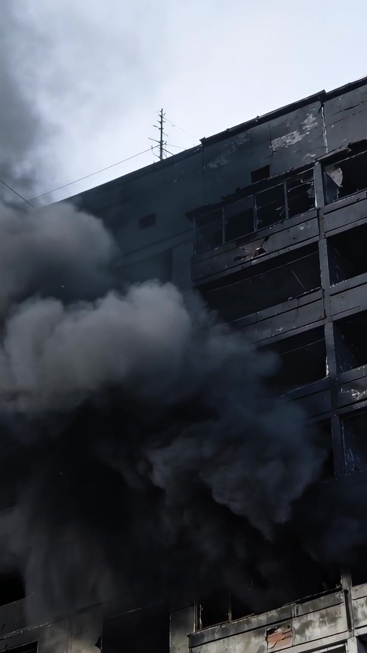 Vertical video: Billowing black smoke plume rising from broken window on damaged facade after blaze