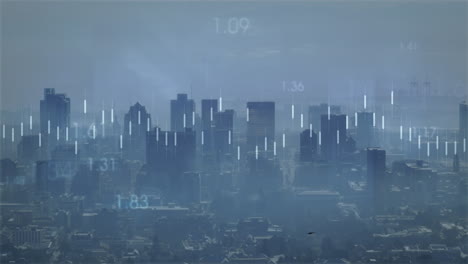 animation of financial data processing over cityscape