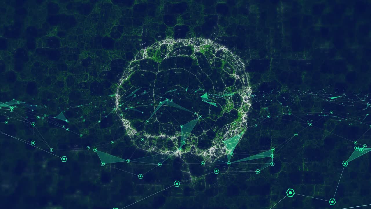 Animation of data processing and brain on black background