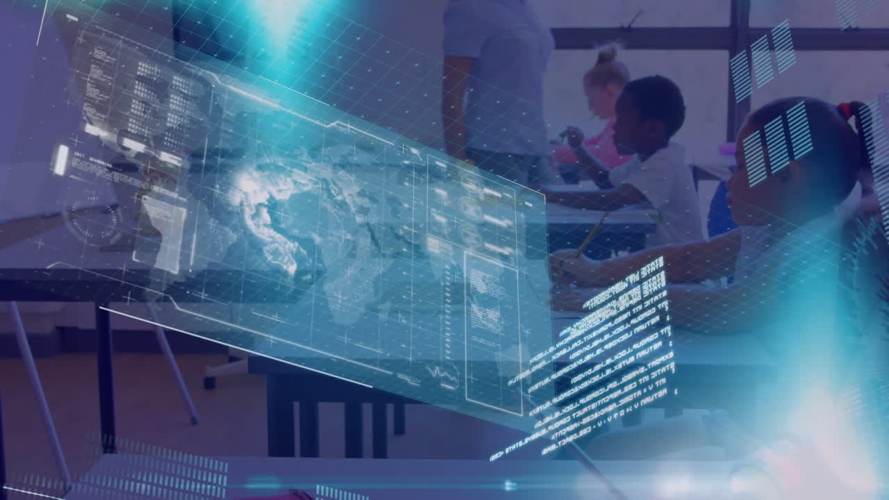 교실에서 다양한 학교 아이들과 함께 두 인종의 여성 교사에 대한 데이터 처리 애니메이션