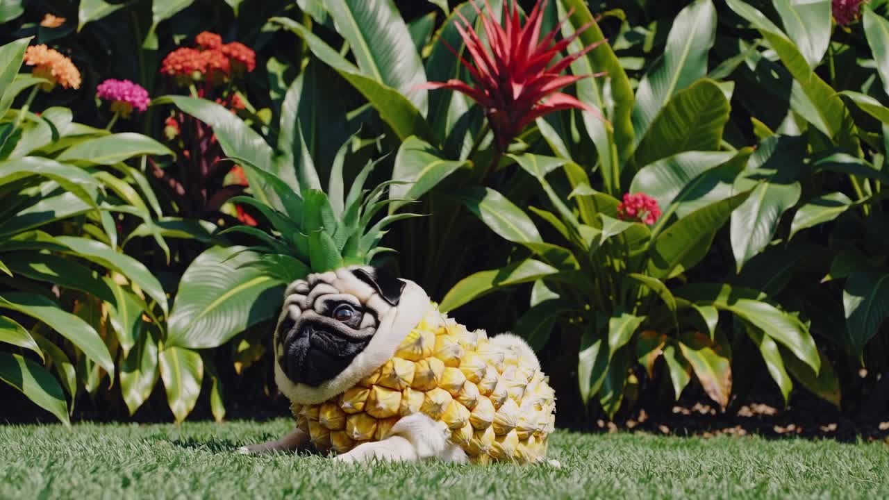 Pug in Pineapple Costume in a Tropical Garden