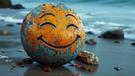 smiling weathered ball resting on the shore with ocean in the background