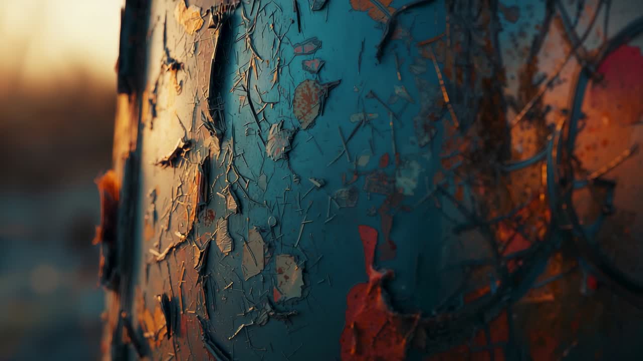 Shifting sunlight revealing curled colorful paint flakes and cracks on weathered metal at sunset