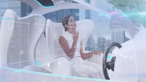 animation of statistics and data processing over woman in self drive car