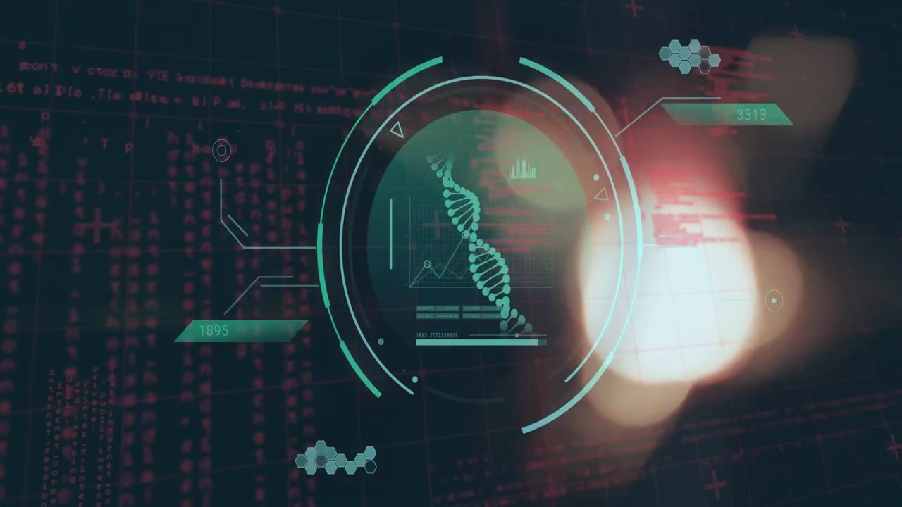 Teal HUD pulsing and shifting charts while right-side flares drifting in, revealing DNA diagnostics