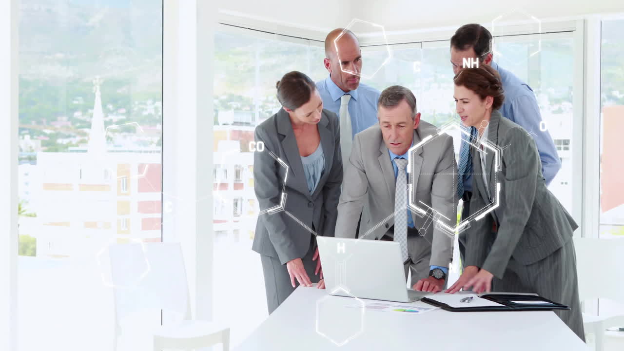 Analyzing laptop with chemical structure animation, business professionals in office setting