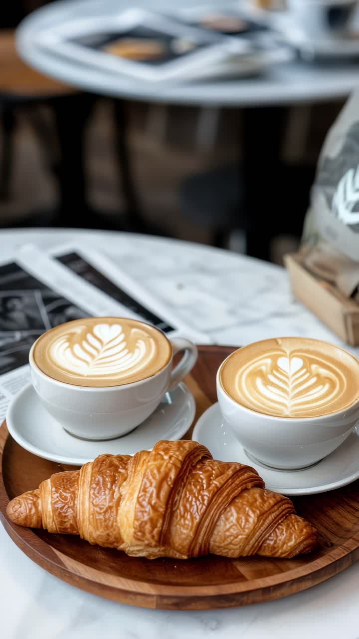 Top-down view of two lattes with latte art and a croissant on a wooden tray, styled for a cozy cafe