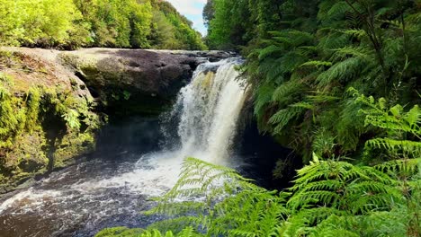 Rio-Bravo-waterfall,-at-a-trail-in-Tepuhueico-Park,-sunny-Chiloe,-Chile