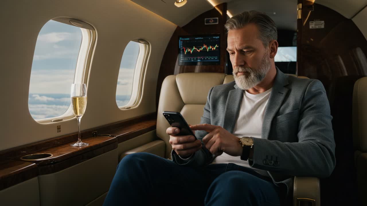 Elegante uomo d'affari rilassato su un jet privato, intento a usare uno smartphone, che sorseggia champagne ammirando viste aeree mozzafiato