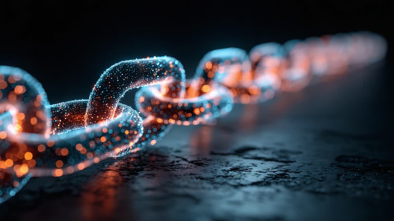A Glowing Digital Chain: Exploring the Futuristic Design of Interlinked Links Enhanced with Sparkling Lights in a Dark Environment