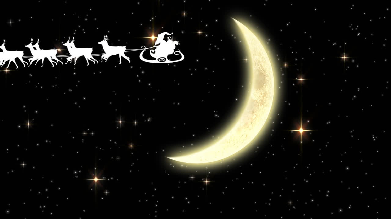 animación de santa claus en trineo con renos sobre la luna y las estrellas