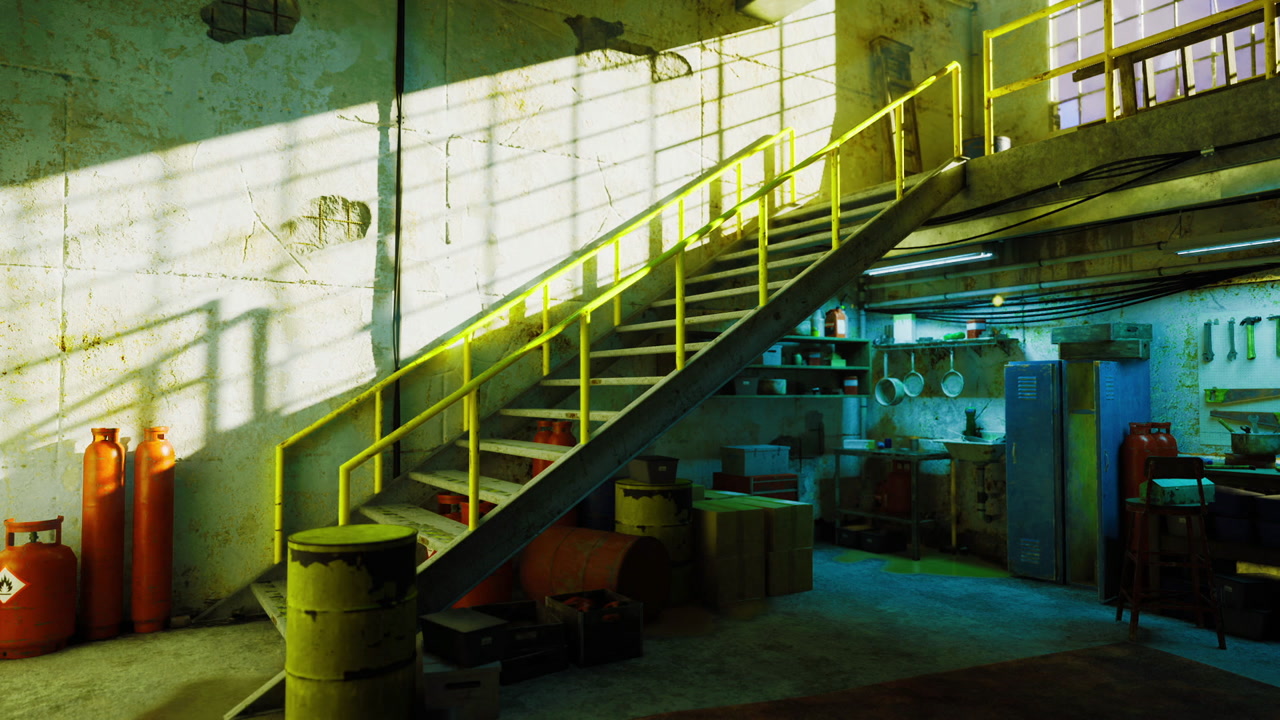 Cityscape featuring shiny metal textures and dynamic lighting