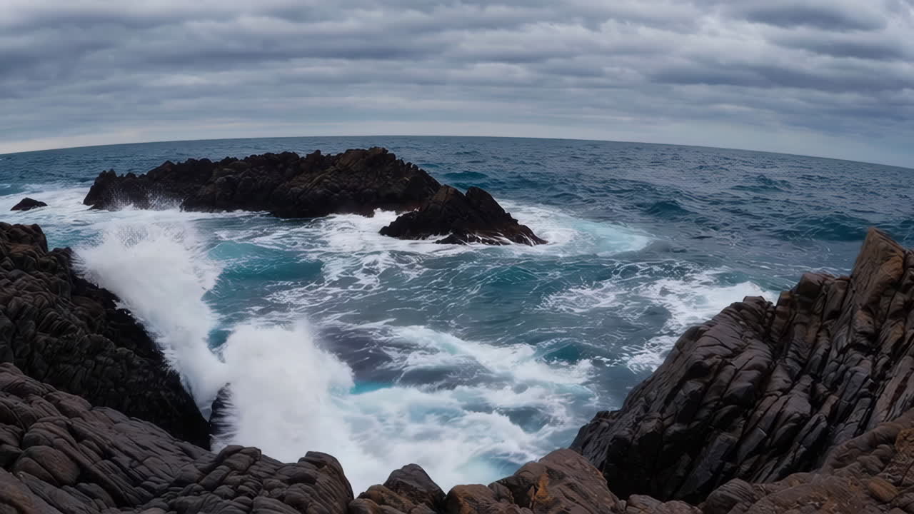 Ocean waves crashing on dark rocks under a cloudy sky