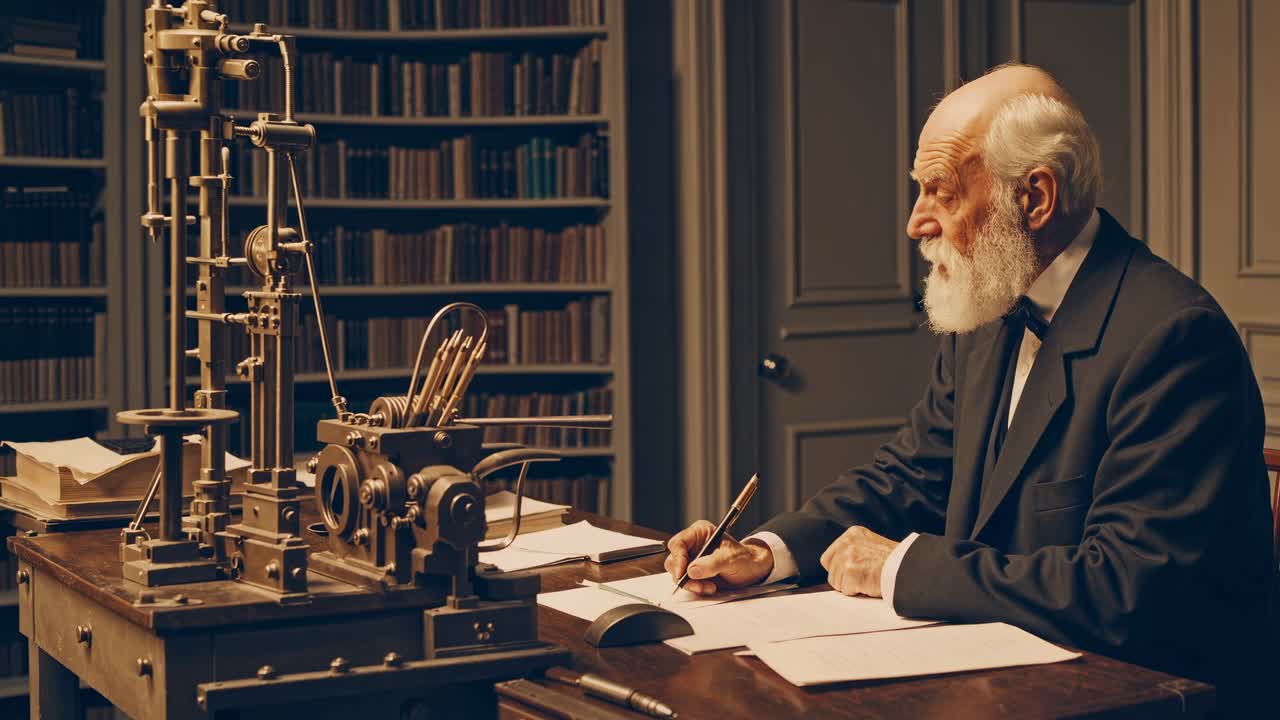 Vintage-style video still of an elderly man writing at a desk, surrounded by scientific instruments