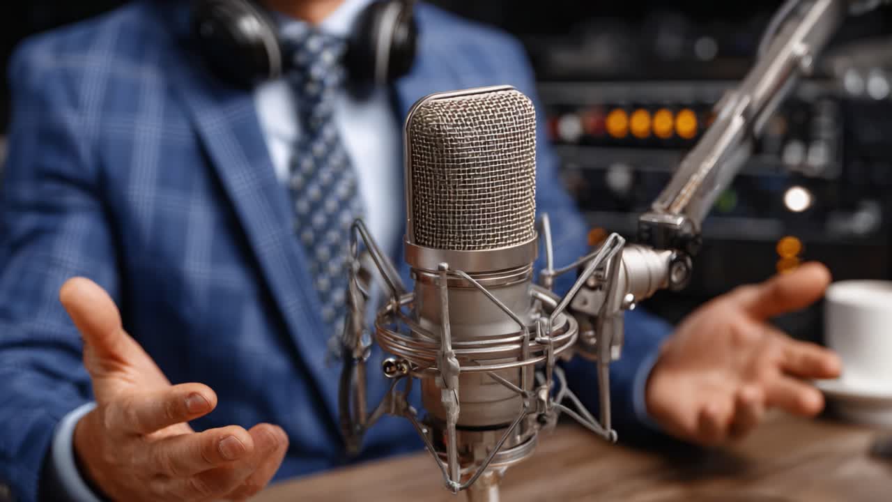 Exploring the World of Audio: A Professional Speaker Engages in a Dynamic Discussion with a Stylish Microphone at the Center of Focus