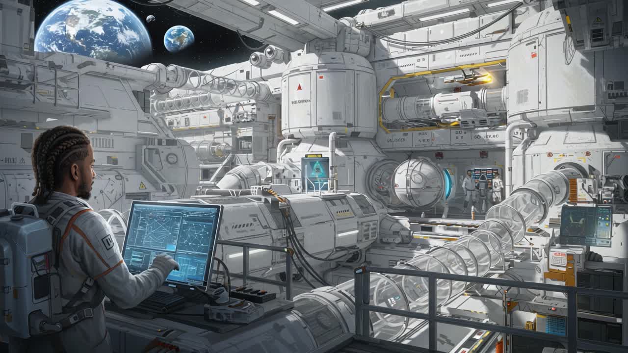 Exploring Advanced Space Station Technology: A View Inside a Futuristic Space Habitat with an Astronaut Engaged in Research and Control Operations
