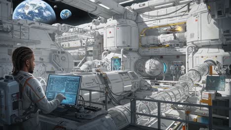 exploring advanced space station technology: a view inside a futuristic space habitat with an astronaut engaged in research and control operations