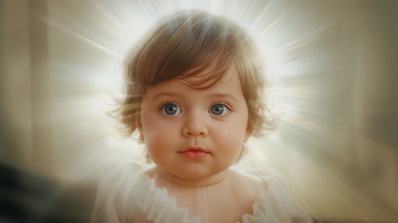 Radiating light brightening behind infant girl in nursery, forming halo, blinking, ruffled collar