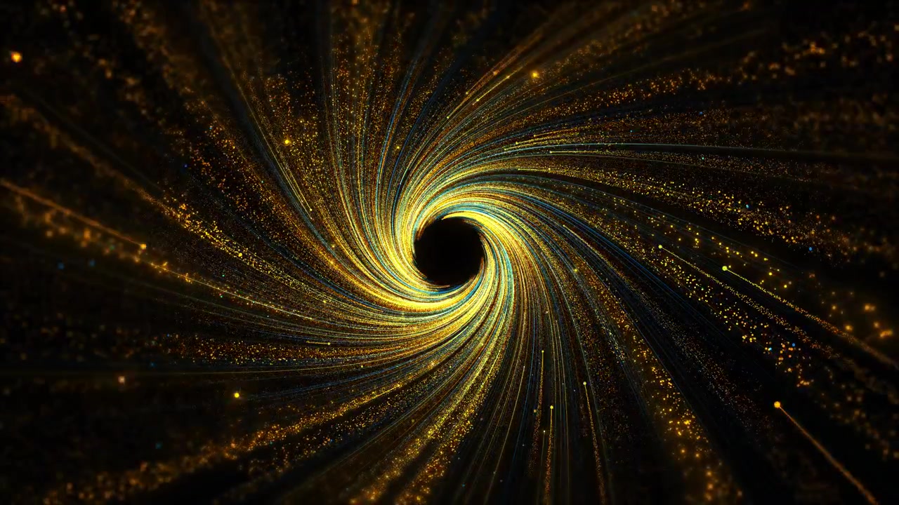 Vortice di particelle a spirale dorato e blu, scie luminose vorticose, movimento cosmico energico, intro fantascientifiche