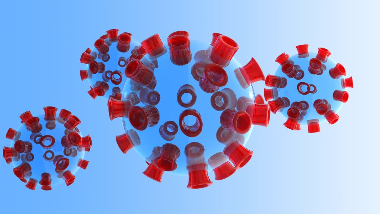 representación en 3d de las partículas del coronavirus sars-cov2 (covid-19) suspendidas en el aire girando en un bucle sin costuras infinito.