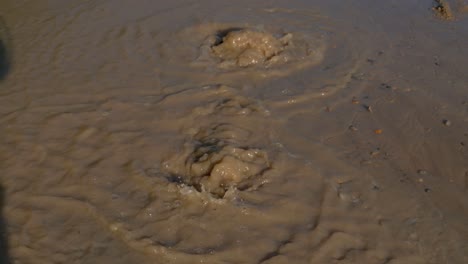 Schlammiges-Wasser,-Das-Aufgrund-Eines-Rohrbruchs-In-Einer-Braunen,-Schmutzigen-Pfütze-Unter-Der-Straße-Sprudelt