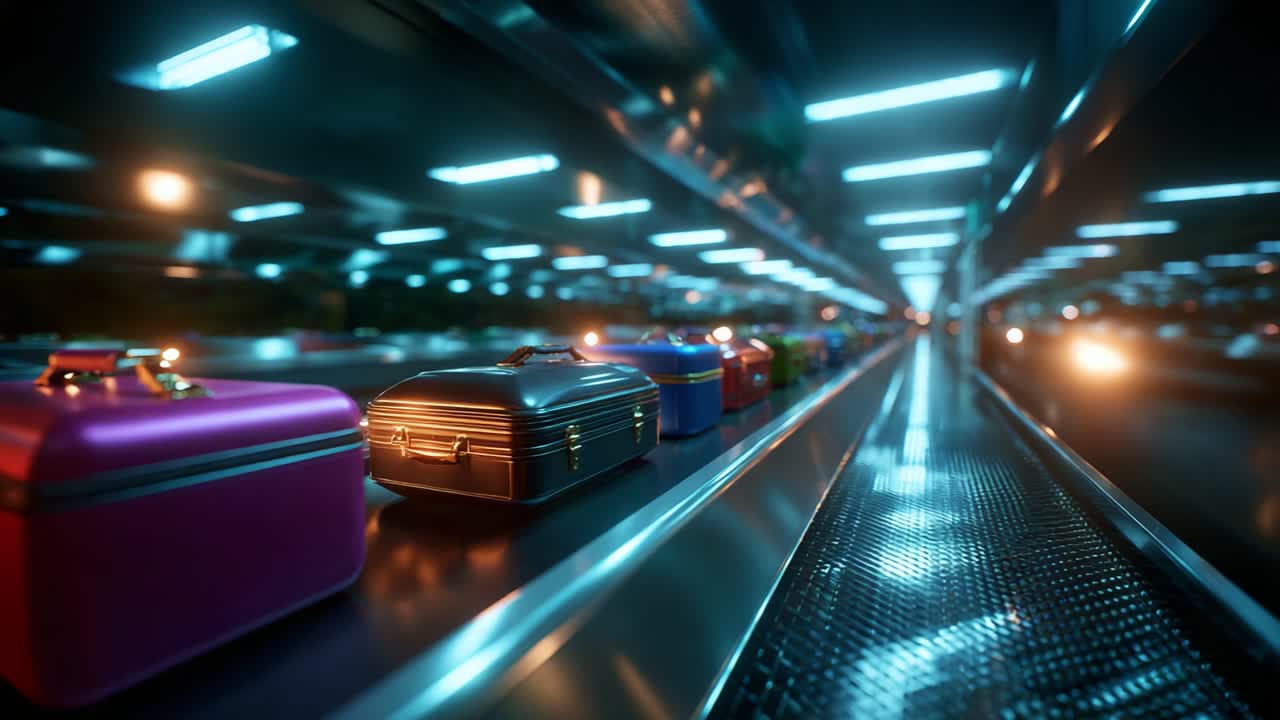 A stunning series of illuminated luggage on a moving baggage carousel in a modern transport terminal, showcasing vibrant colors, reflections, and sleek design in an enticing visual display