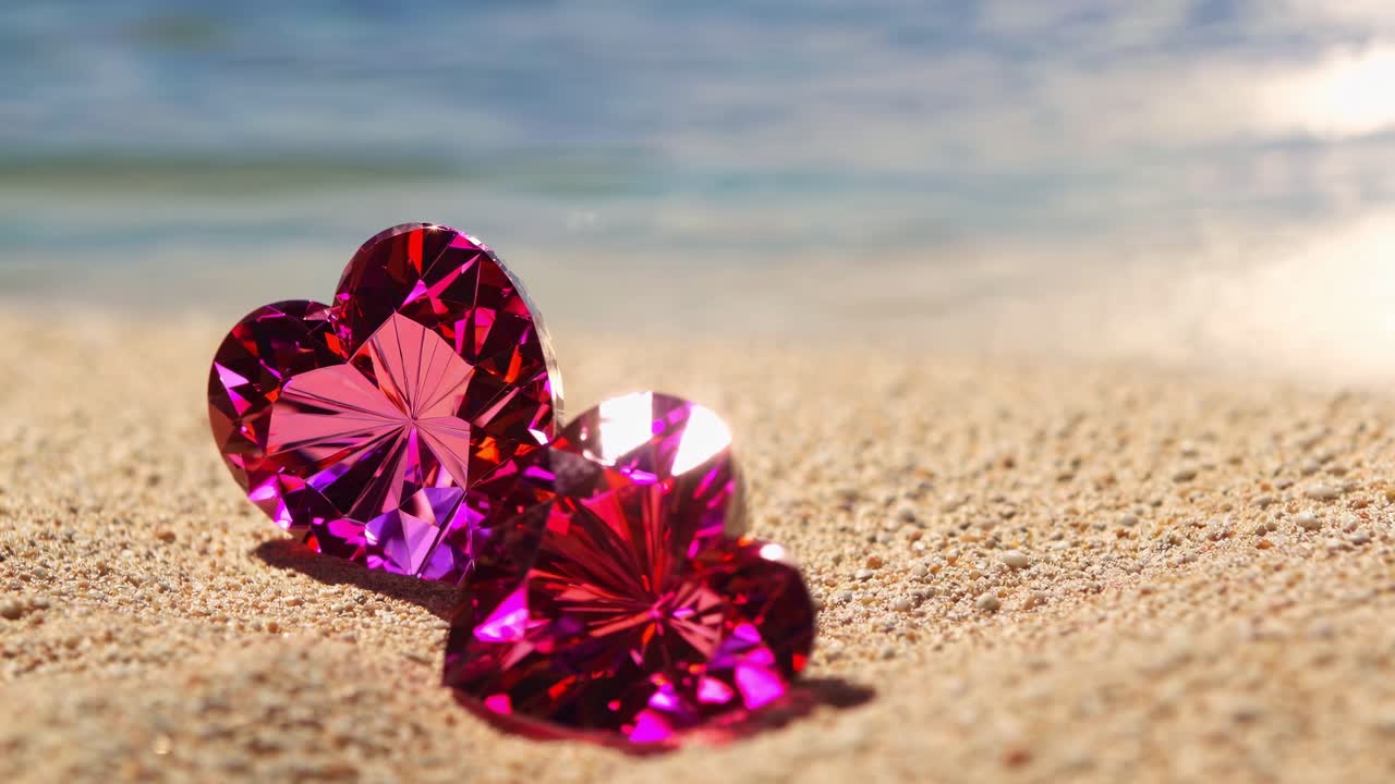 Two heart shaped gemstones, radiating vibrant purple and pink hues, rest on the warm sands of a picturesque beach, with the gentle waves creating a backdrop of serene beauty