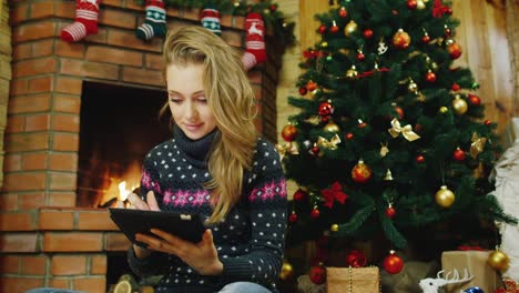 una mujer joven usa una tableta en el árbol de navidad y la chimenea
