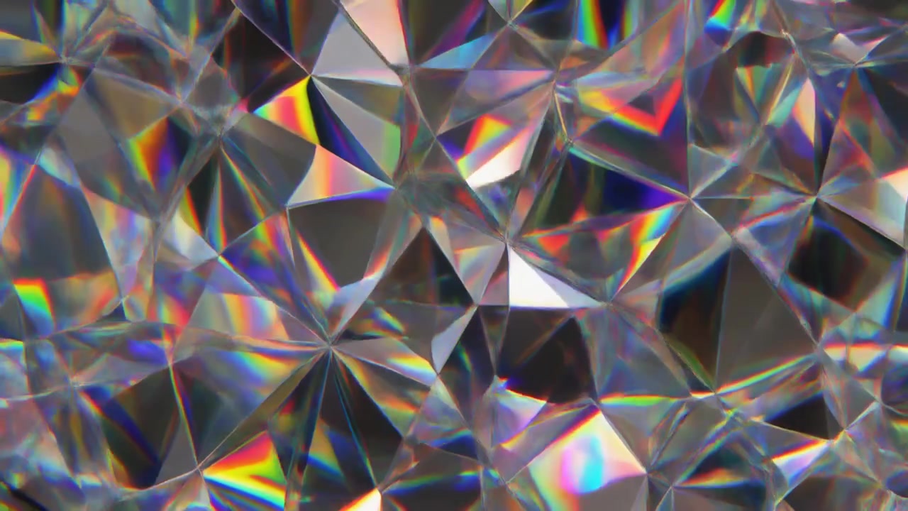 Sfondo astratto di sfaccettature di diamante rotanti con rifrazione della luce arcobaleno