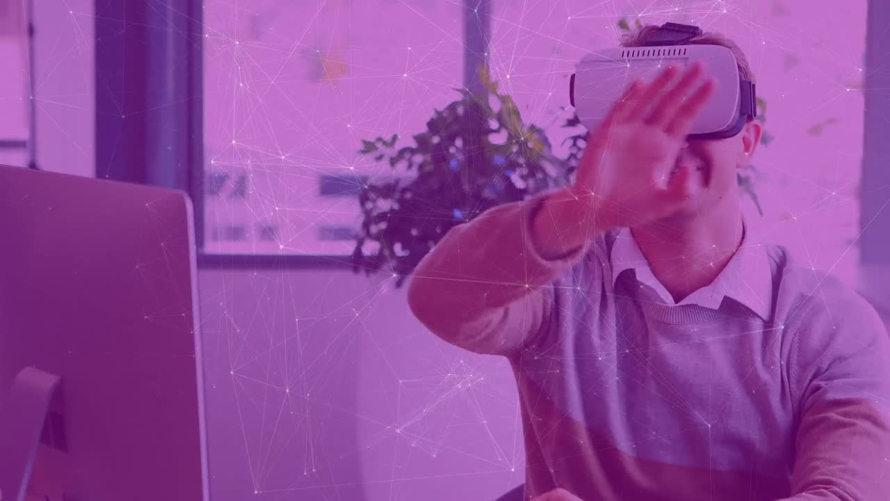 animazione di una rete di connessioni su un uomo d'affari caucasico che usa un auricolare vr