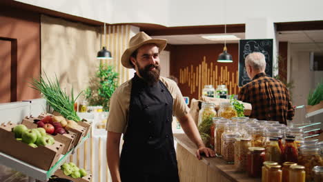 bio shop vendor adding pantry staples