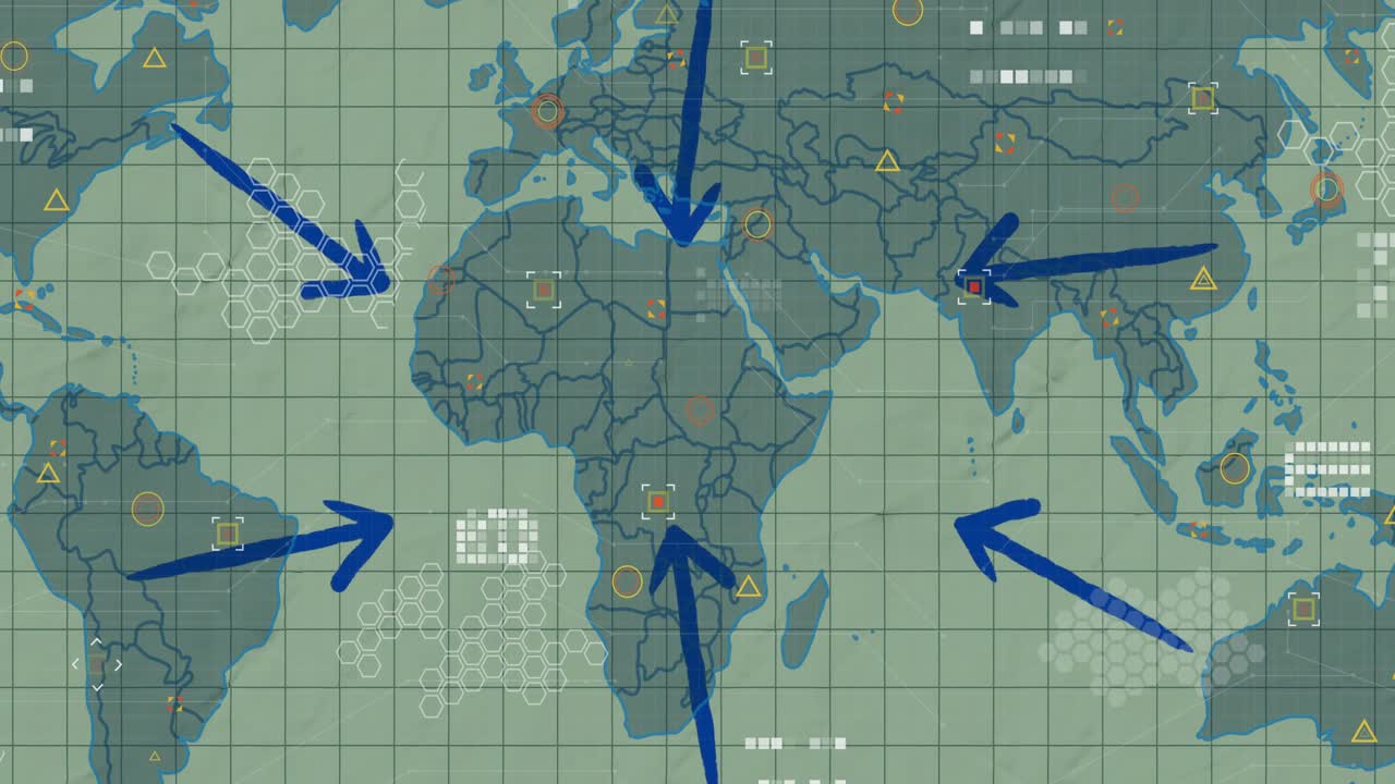 Digital world map displaying data overlay, showing blue directional arrows and hexagon clusters