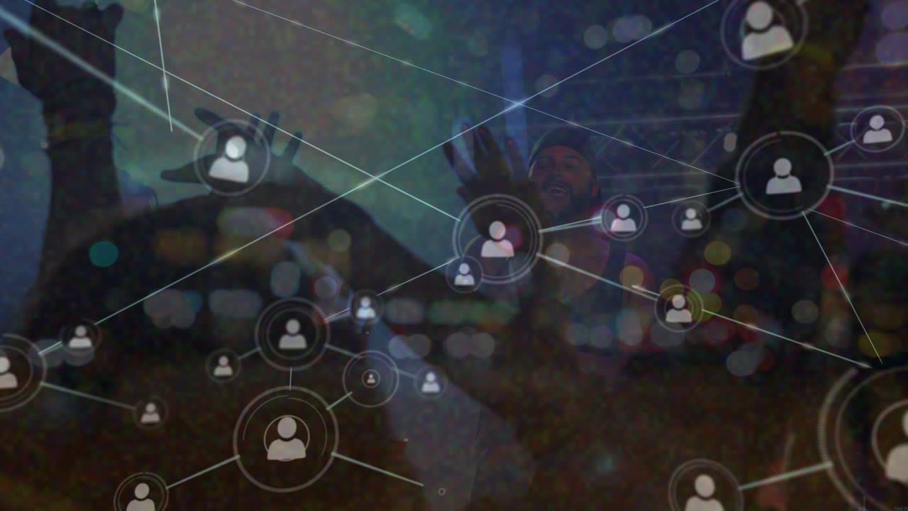 춤추는 사람들 위에 아이콘과 연결된 네트워크의 애니메이션