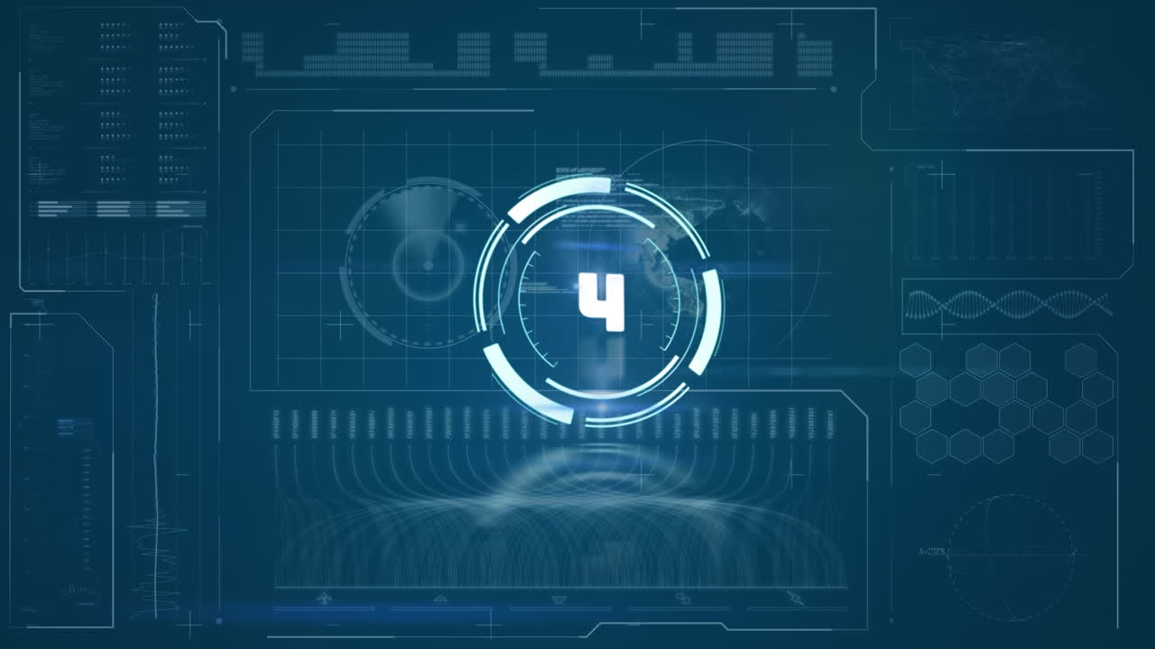 Countdown timer over round scanner over digital interface with data processing on blue background