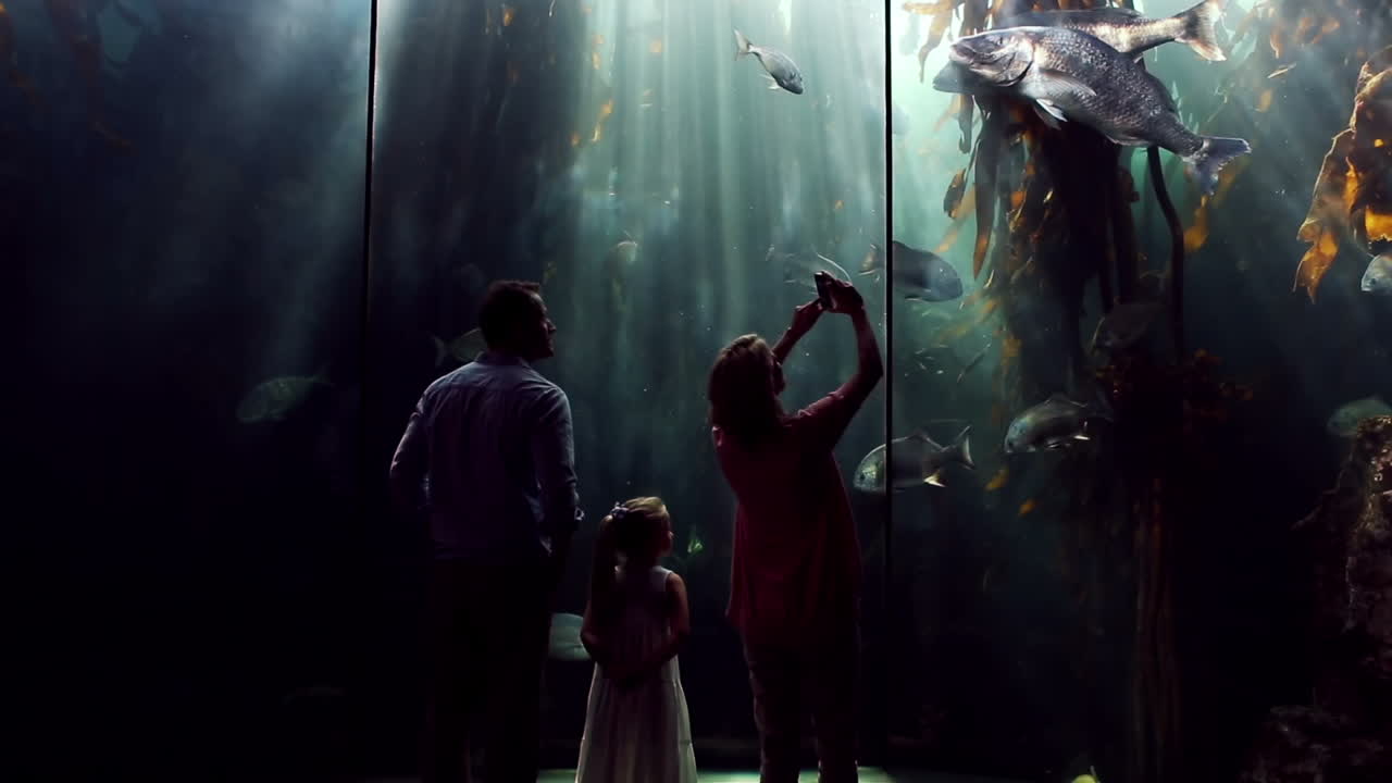 familia feliz mirando peces y tomando fotos