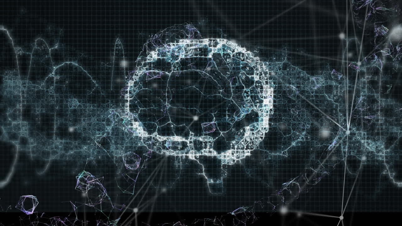Animation of data processing and brain on black background