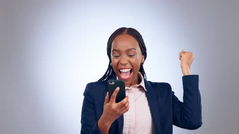 Happy-black-woman,-phone-and-money-rain