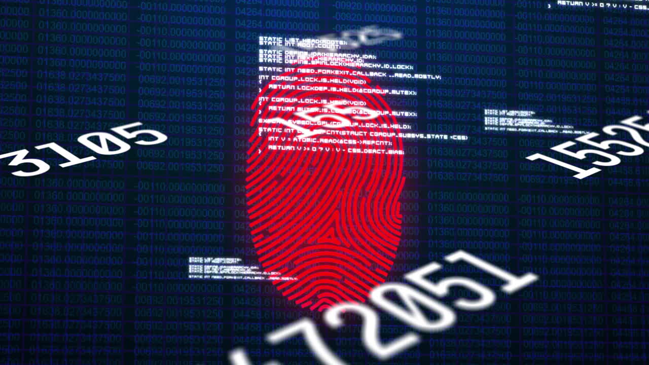 Digital fingerprint with codes representing cybersecurity and data protection in animation
