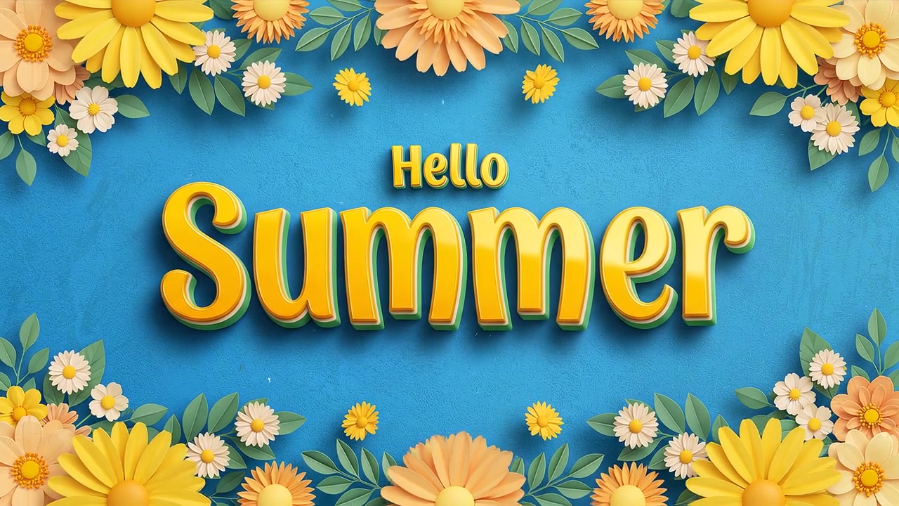Hello Summer Bright Seasonal Animation with Yellow Typography and Daisy Flowers on Blue Background