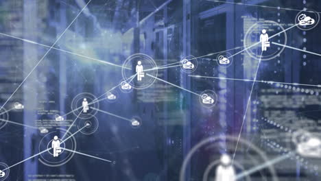 animation of network of connections with icons and data processing over server room
