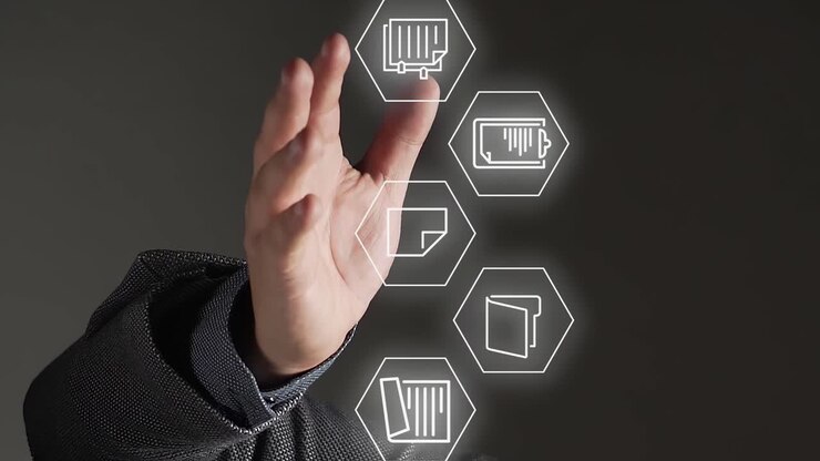 Digital graphics above open hand of data management icons