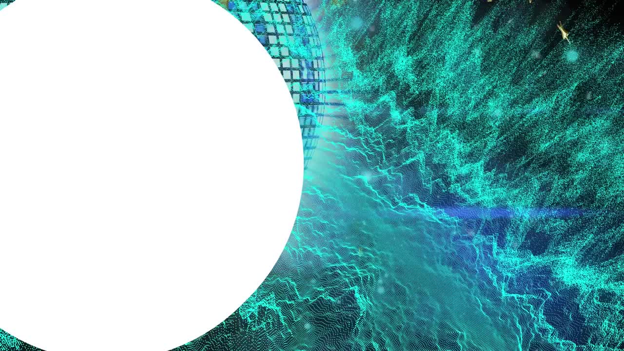 검은색 배경의 디스코 볼 위에 빛의 흔적과 별을 가진 모양의 애니메이션