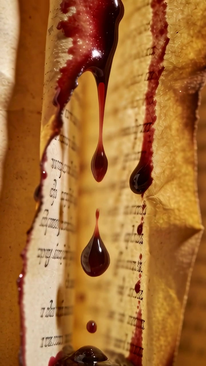 Video verticale: Liquido rosso scuro che gocciola, trascinando goccioline su uno spartito ingiallito e strappato per gravità